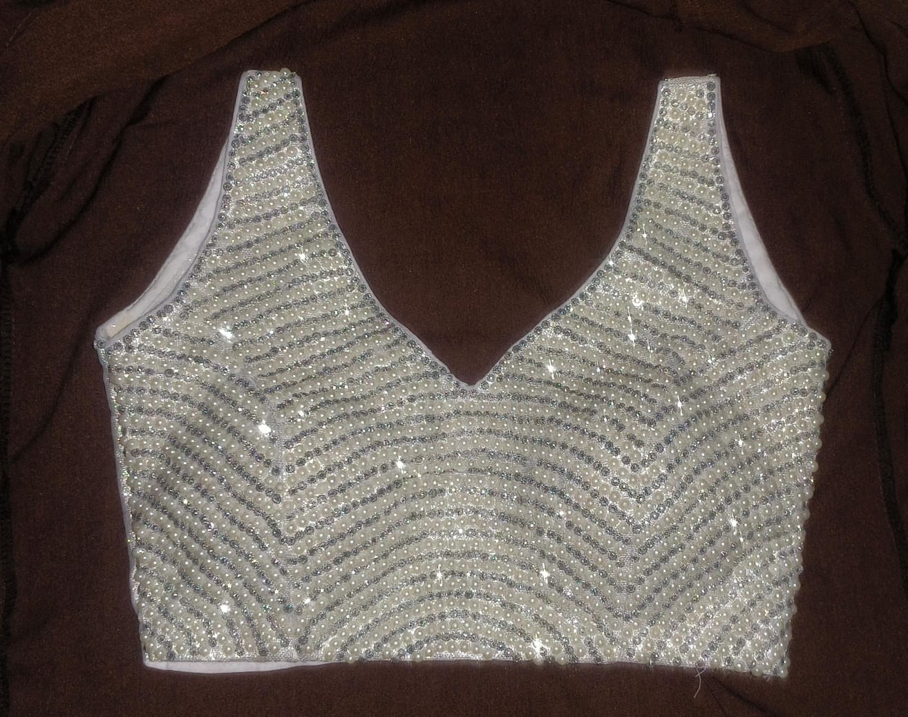 Silver Stone Beaded Work Sleeveless Saree Blouse