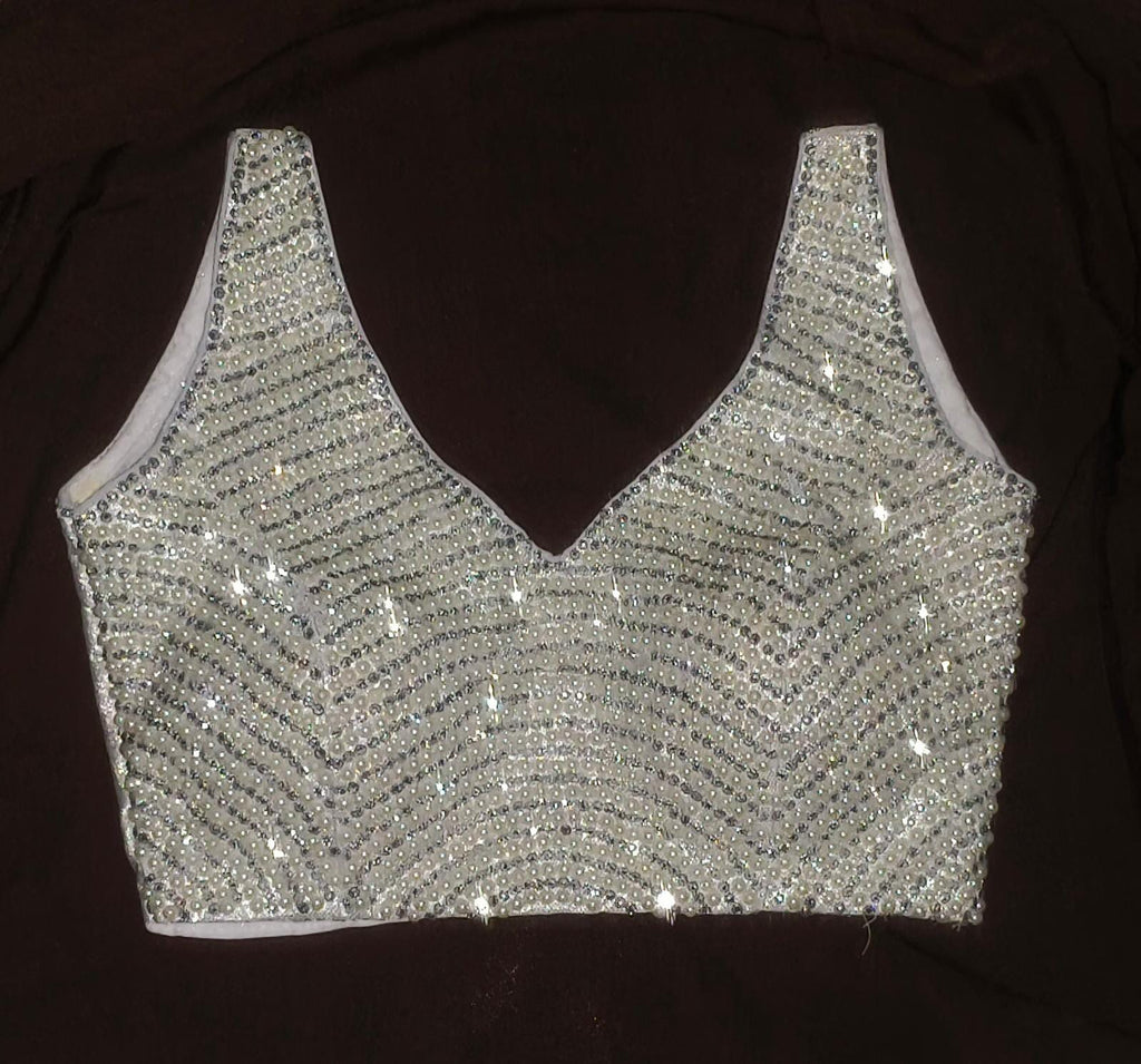 Silver Stone Beaded Work Sleeveless Saree Blouse